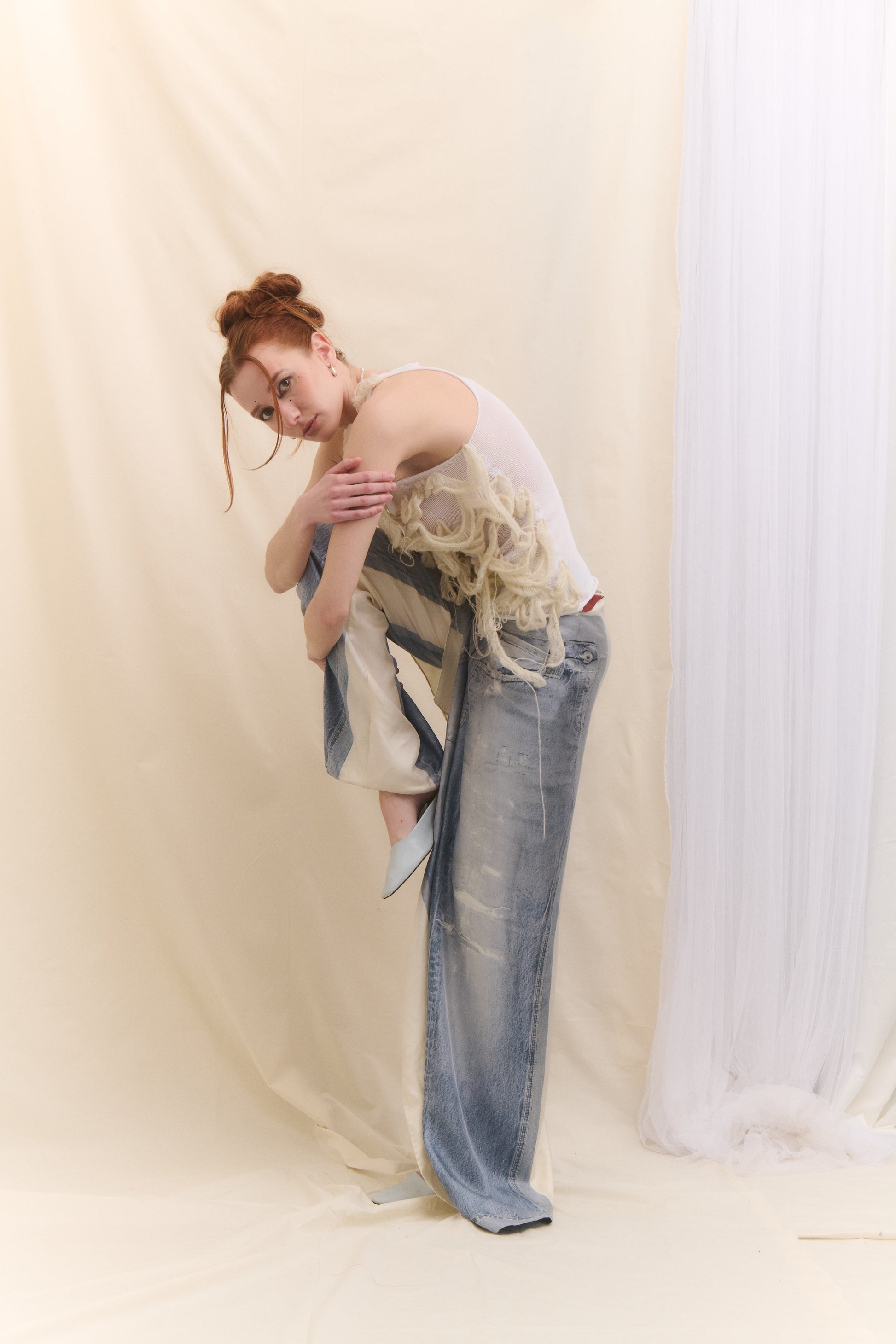 Fake denim zvonové kalhoty