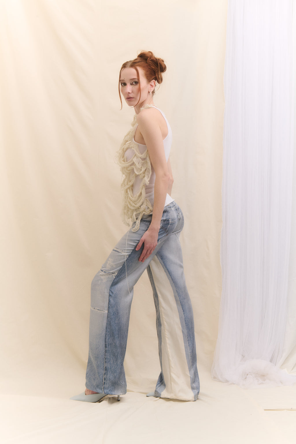 Fake denim zvonové kalhoty
