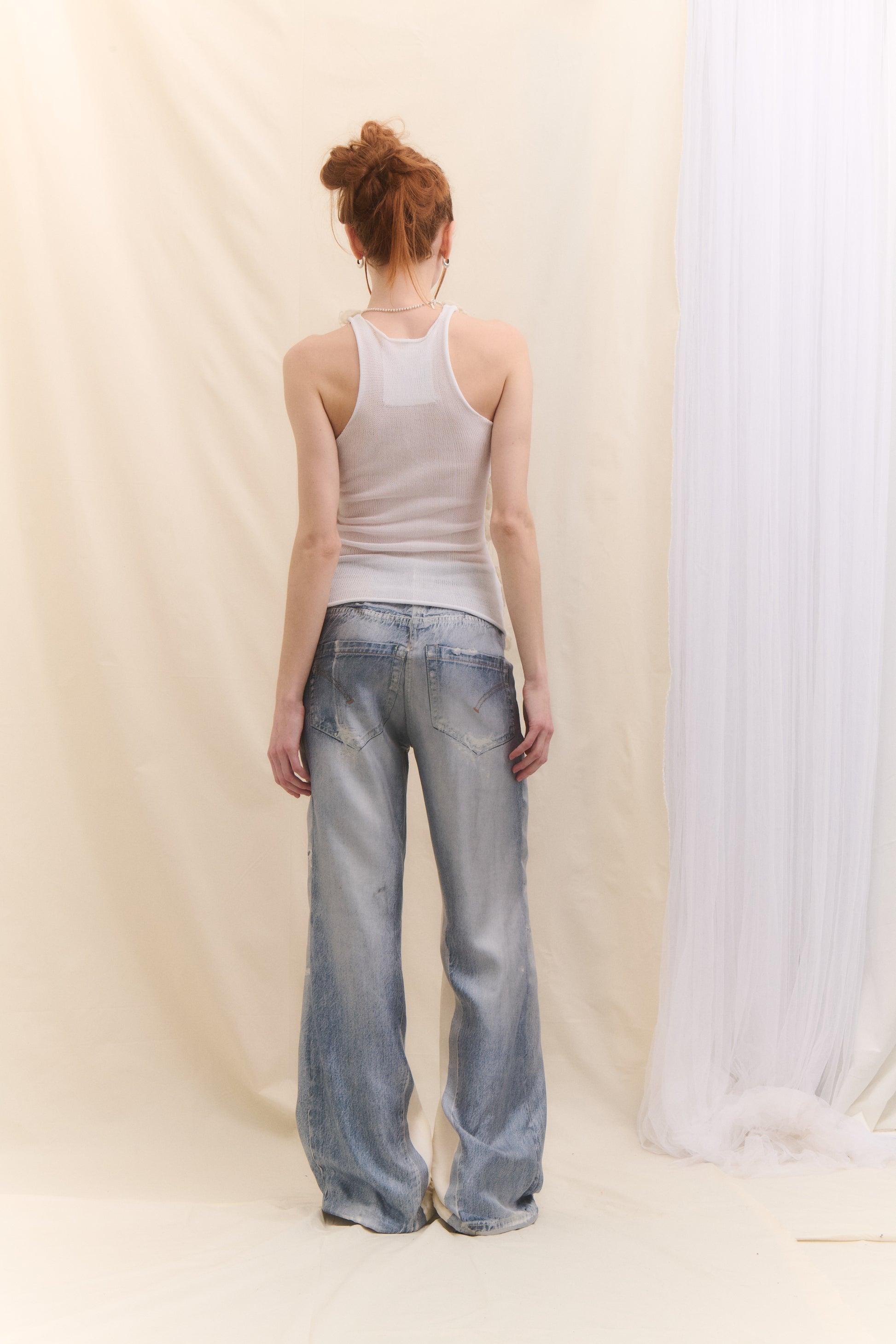 Fake denim zvonové kalhoty