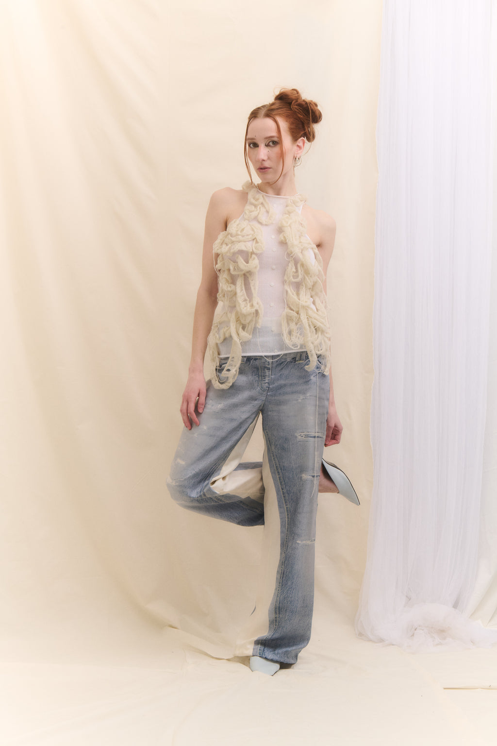 Fake denim zvonové kalhoty