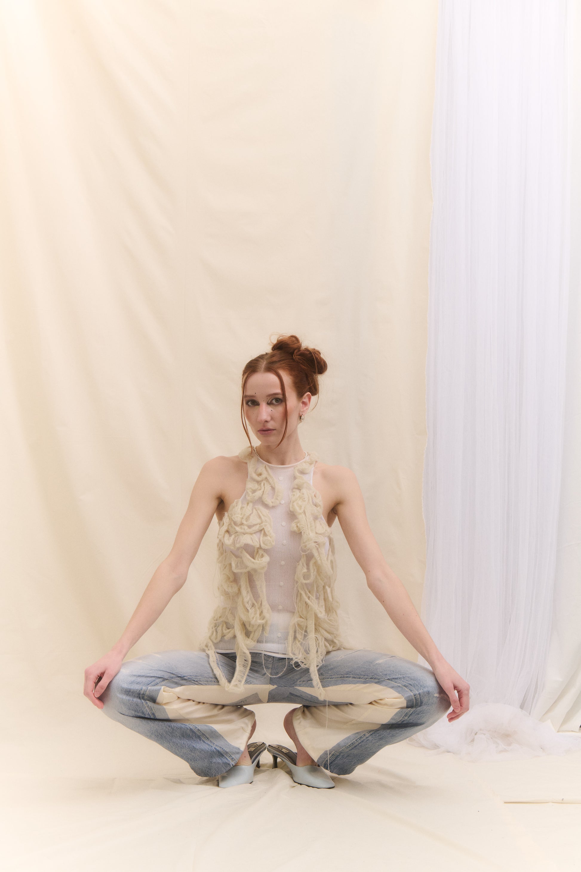 Fake denim zvonové kalhoty